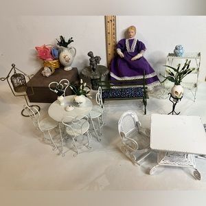 Vintage dollhouse miniature lot! Outdoor furniture and porcelain lady.